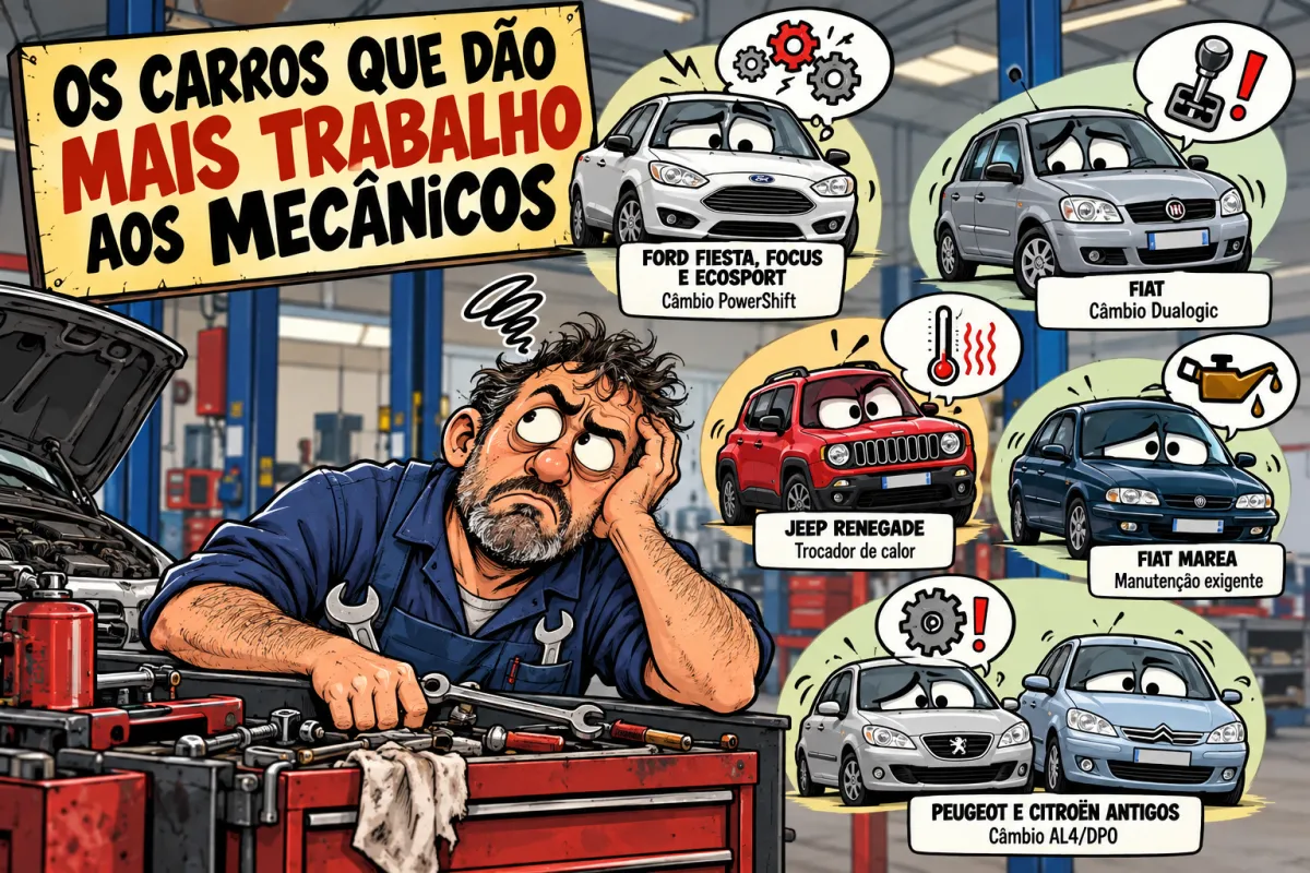Charge editorial sobre carros que podem exigir manutenção complexa, com mecânico cansado e veículos caricaturados em uma oficina.