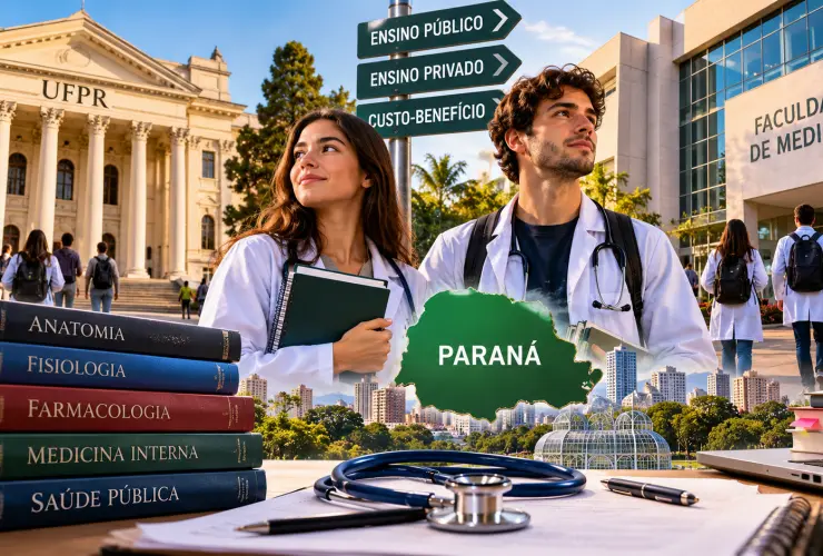Ilustração de estudantes de Medicina no Paraná, com referências ao ensino público e privado, livros acadêmicos e estetoscópio.