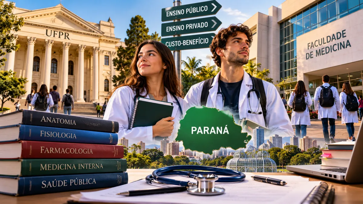Ilustração de estudantes de Medicina no Paraná, com referências ao ensino público e privado, livros acadêmicos e estetoscópio.
