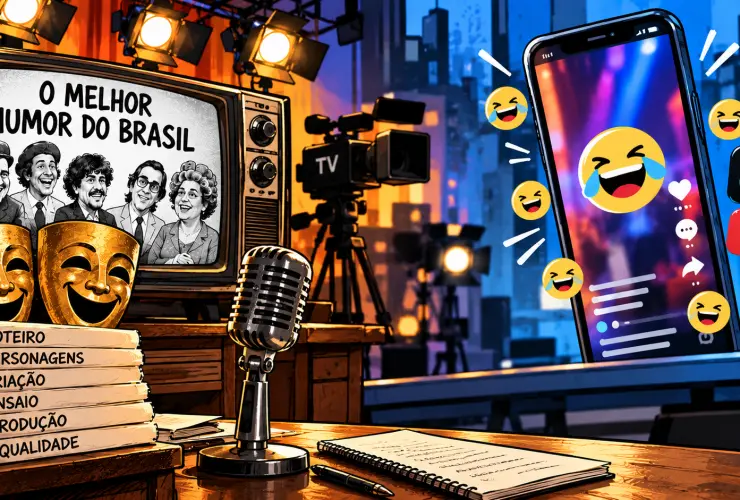 Ilustração editorial sobre a transformação do humor brasileiro, contrastando a televisão clássica com os vídeos curtos das plataformas digitais.