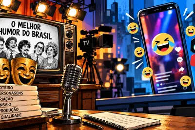 Ilustração editorial sobre a transformação do humor brasileiro, contrastando a televisão clássica com os vídeos curtos das plataformas digitais.