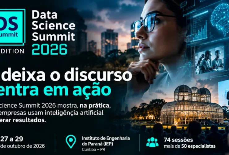 Banner digital com mulher de óculos olhando para gráficos e imagens tecnológicas, com texto sobre Data Science Summit 2026 em Curitiba.