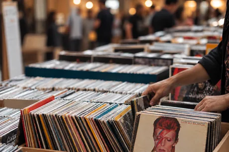 Mesa com discos de vinil expostos e pessoas escolhendo álbuns em feira de música.