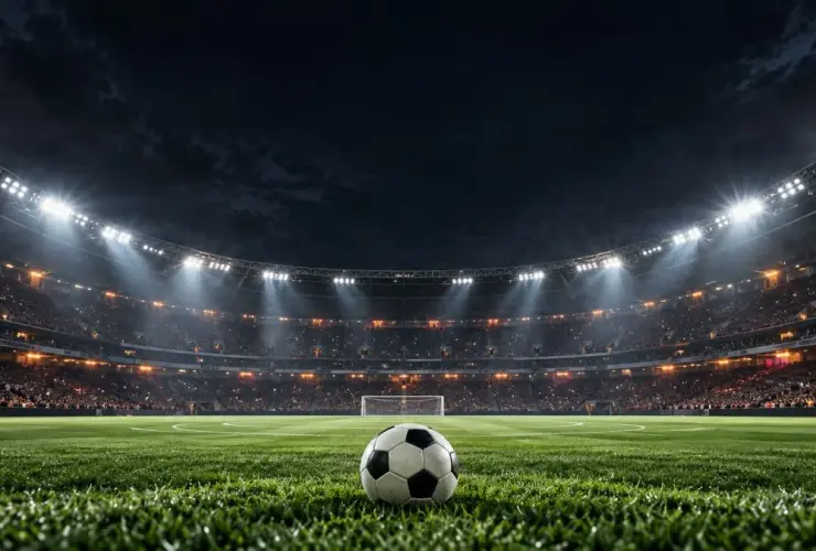 Estádio de futebol iluminado à noite, arte ilustrativa da semifinal da Copa Paraná entre Foz do Iguaçu e Paraná Clube