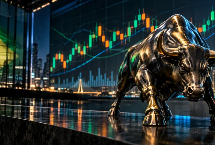 Touro de bronze, símbolo do mercado em alta, diante de painel com gráfico de cotações da bolsa brasileira