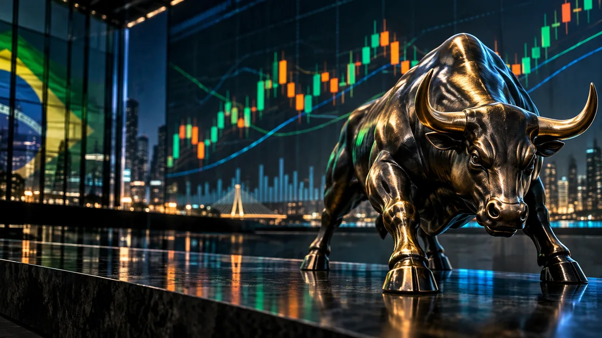 Touro de bronze, símbolo do mercado em alta, diante de painel com gráfico de cotações da bolsa brasileira