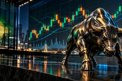 Touro de bronze, símbolo do mercado em alta, diante de painel com gráfico de cotações da bolsa brasileira
