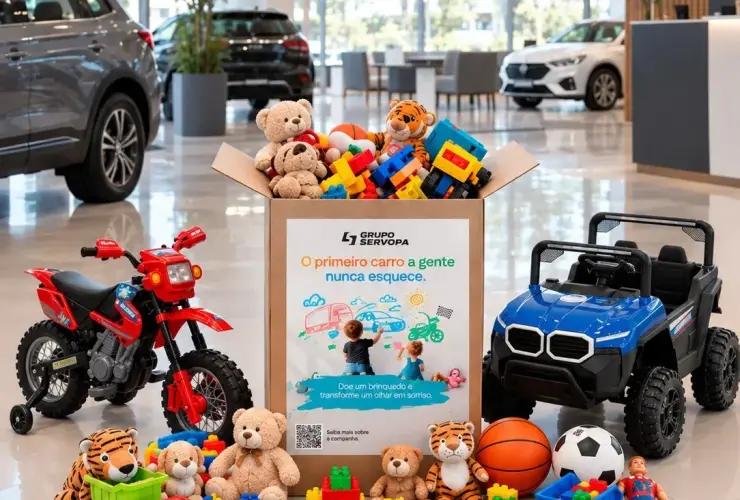 Caixa com brinquedos e brinquedos ao redor em concessionária do Grupo Servopa.