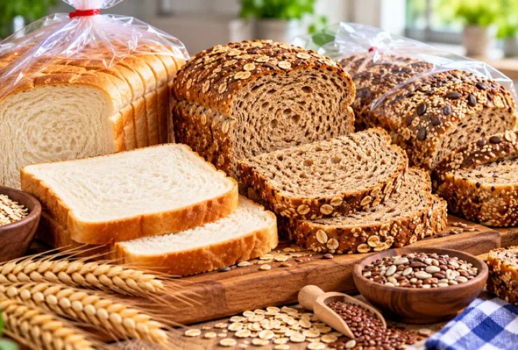 Pães de forma brancos e integrais fatiados sobre uma tábua de madeira, acompanhados de aveia, sementes e grãos.