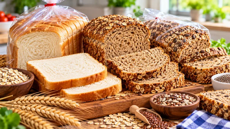 Pães de forma brancos e integrais fatiados sobre uma tábua de madeira, acompanhados de aveia, sementes e grãos.