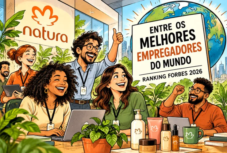 Ilustração de profissionais colaborando em um escritório moderno com plantas e produtos de cosméticos, representando a Natura no ranking mundial de melhores empregadores de 2026.
