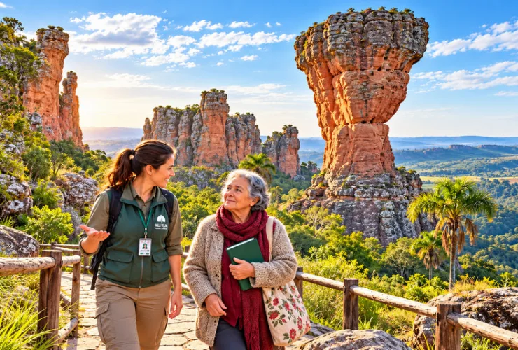 Ilustração dos arenitos do Parque Estadual de Vila Velha, em Ponta Grossa, ao amanhecer, com duas mulheres caminhando entre as formações de pedra.