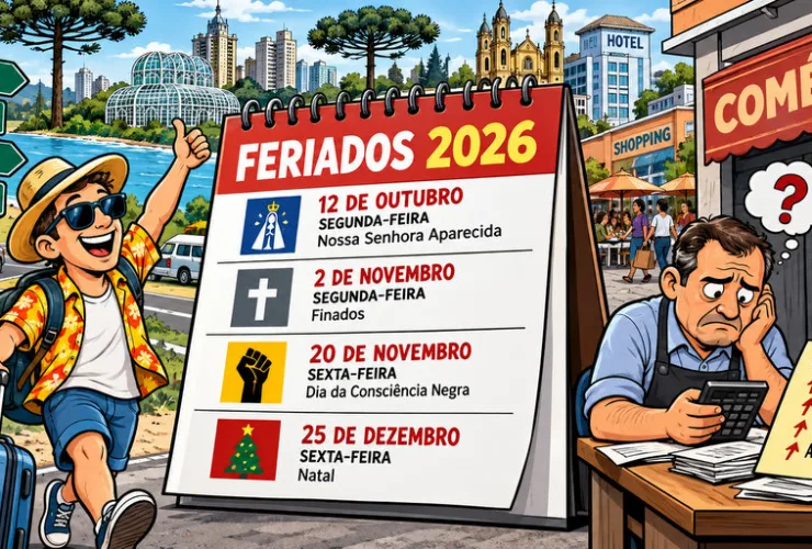 Calendário de 2026 com feriados prolongados e representação de trabalhador, comércio e turismo