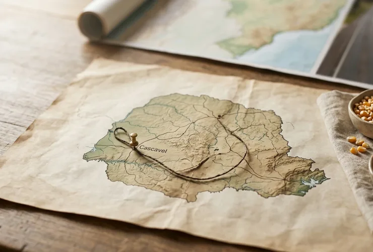 Composição ilustrativa com mapa marcado Cascavel, fotografia de estrada e recipientes com grãos.