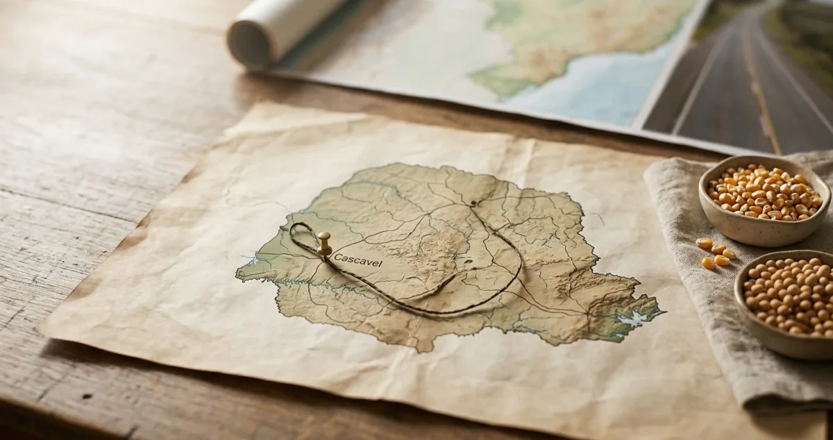 Composição ilustrativa com mapa marcado Cascavel, fotografia de estrada e recipientes com grãos.