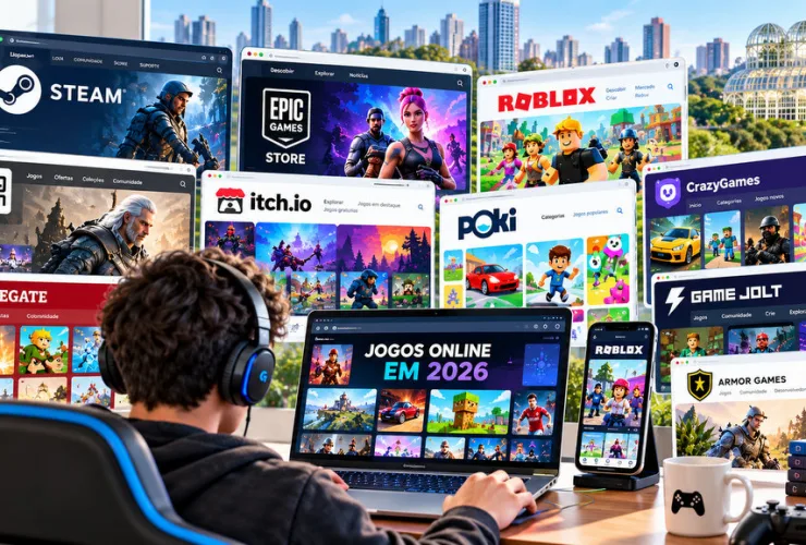 Plataformas digitais de jogos exibidas em computador e celular em uma ilustração sobre games em 2026.