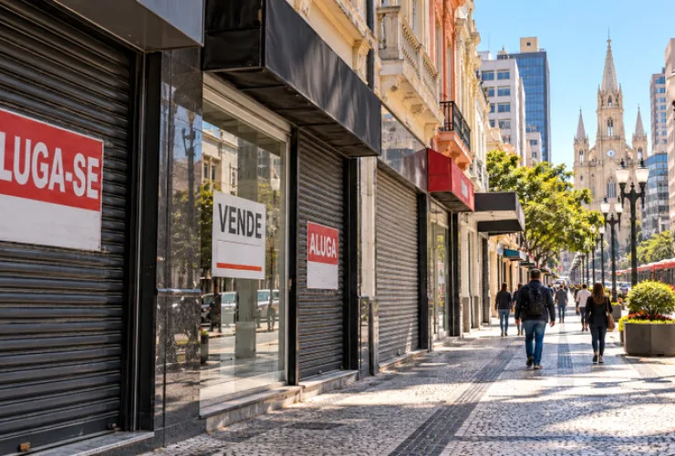 Fachadas de lojas fechadas em uma rua comercial de Curitiba, com placas de venda e aluguel de imóveis.