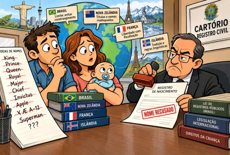 Certidão de nascimento com nomes manuscritos e carimbo de registro civil, representando as restrições legais à escolha de nomes no Brasil e no mundo.