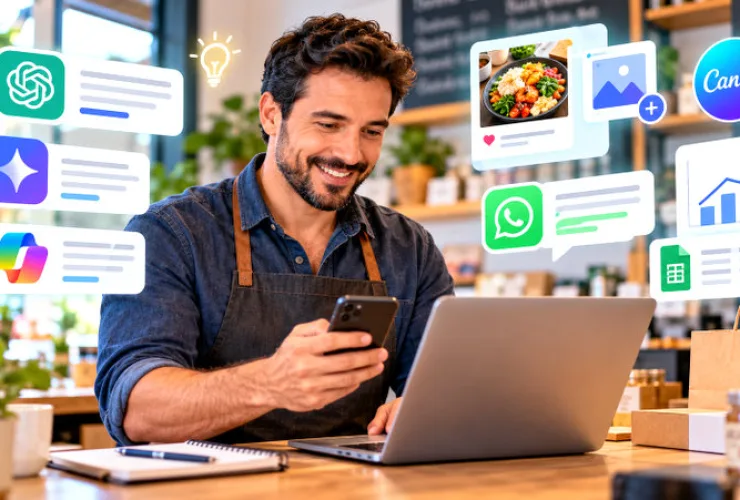 Pequeno empresário utiliza inteligência artificial no notebook e no celular para organizar vendas, atendimento e divulgação de seu negócio.