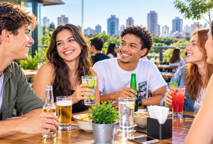Ilustração de jovens em um encontro social, com bebidas alcoólicas e opções sem álcool sobre uma mesa, representando a mudança nos hábitos de consumo das novas gerações.