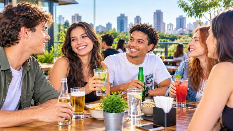 Ilustração de jovens em um encontro social, com bebidas alcoólicas e opções sem álcool sobre uma mesa, representando a mudança nos hábitos de consumo das novas gerações.