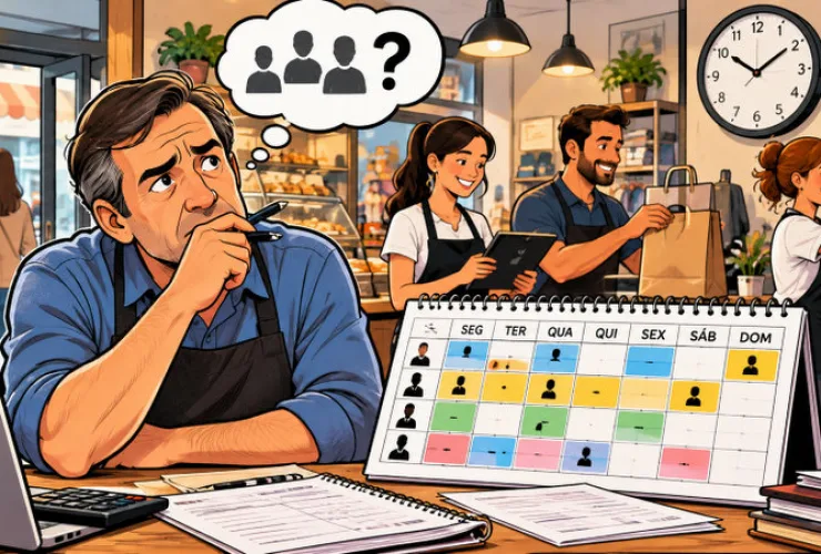 Pequeno comerciante analisa uma escala semanal de funcionários em uma loja, planejando turnos e folgas diante da redução da jornada de trabalho.