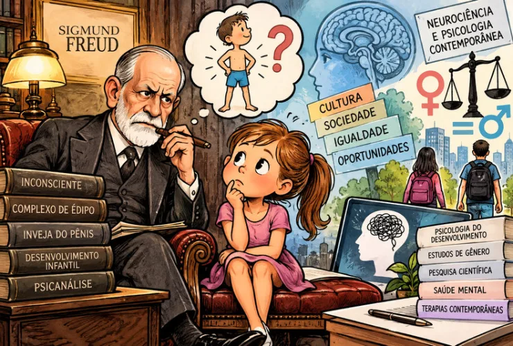 Sigmund Freud em ilustração editorial sobre a teoria da inveja do pênis e os limites da psicanálise diante da psicologia contemporânea.
