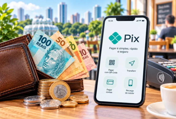 Ilustração compara notas e moedas de real com um smartphone que representa os pagamentos digitais e o crescimento do Pix no Brasil.