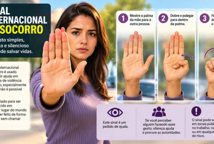 Ilustração de uma mão fazendo o sinal universal de socorro, com o polegar dobrado para dentro e os quatro dedos fechados sobre ele.