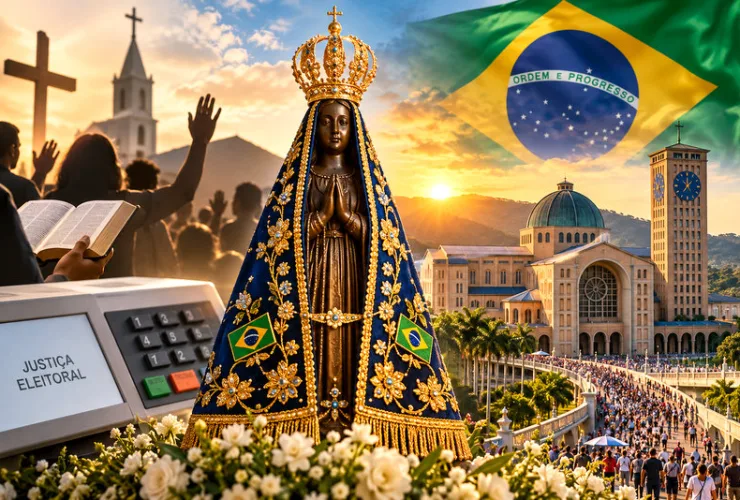 Nossa Senhora Aparecida com manto azul e coroa dourada diante do Santuário Nacional, com a bandeira brasileira ao fundo, simbolizando fé, identidade nacional e tradição religiosa.