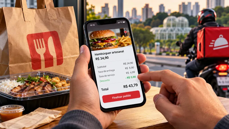 Consumidor consulta no celular o preço de um pedido de comida por delivery, com embalagem de refeição e entregador ao fundo, representando a discussão sobre taxas e custos dos aplicativos.