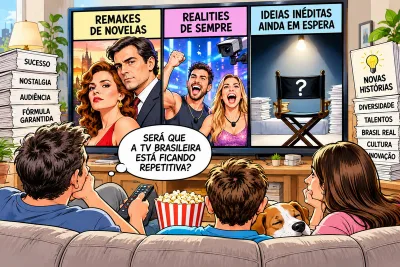 Ilustração sobre a repetição na televisão brasileira, com remakes de novelas, realities e uma tela vazia que simboliza a busca por novas ideias.