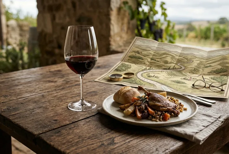Taça de vinho, prato de comida e mapa sobre mesa de madeira em ambiente rústico.