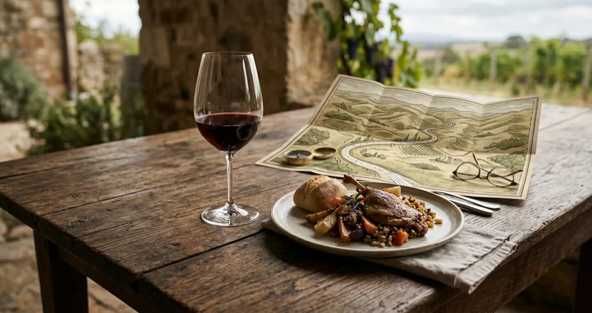 Taça de vinho, prato de comida e mapa sobre mesa de madeira em ambiente rústico.