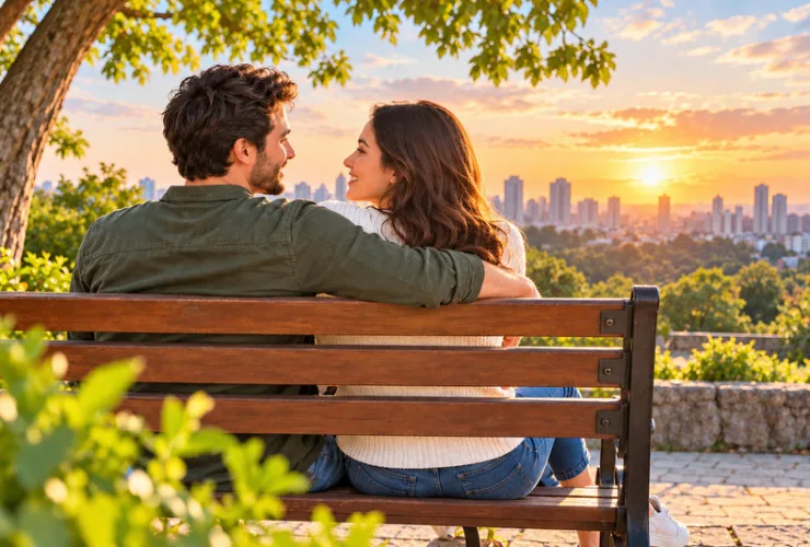 Casal sentado em um banco de praça ao pôr do sol, compartilhando um momento de carinho e cumplicidade, simbolizando os sinais de uma alma gêmea.