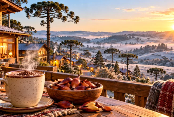 Paisagem de inverno no Paraná com pousadas de madeira, araucárias, campos cobertos de geada e uma bebida quente ao amanhecer.