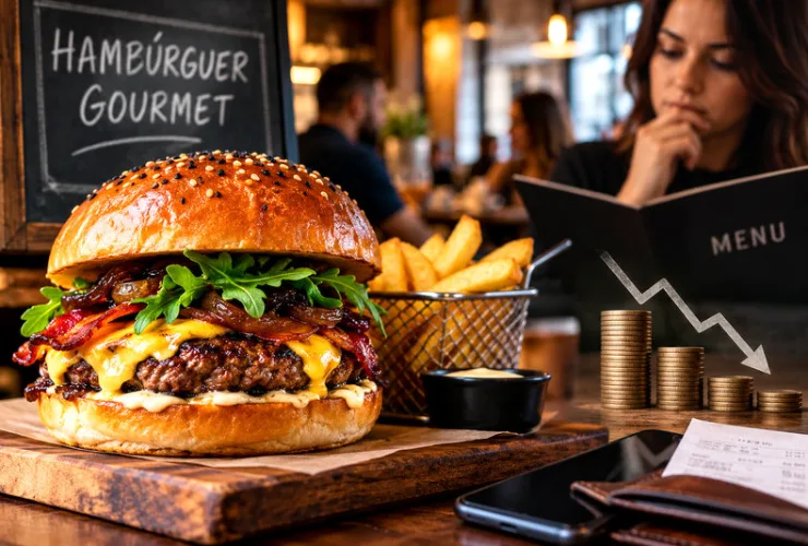 Hambúrguer artesanal com pão brioche, carne bovina e queijo, ilustrando as mudanças no mercado de hambúrguer gourmet.