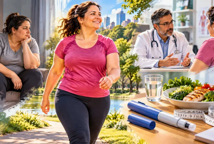 Ilustração sobre o tratamento da obesidade, com representação da mudança na qualidade de vida após o emagrecimento e de uma consulta médica para acompanhamento.