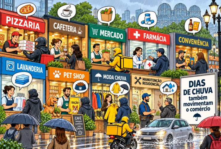 Pequenos negócios de Curitiba funcionando durante um dia de chuva, com delivery, cafeteria, mercado, farmácia e pet shop.