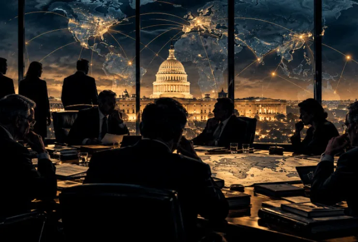 Ilustração conceitual do Estado profundo, com silhuetas de dirigentes em uma reunião reservada diante do Capitólio dos Estados Unidos e de um mapa-múndi conectado por redes luminosas.