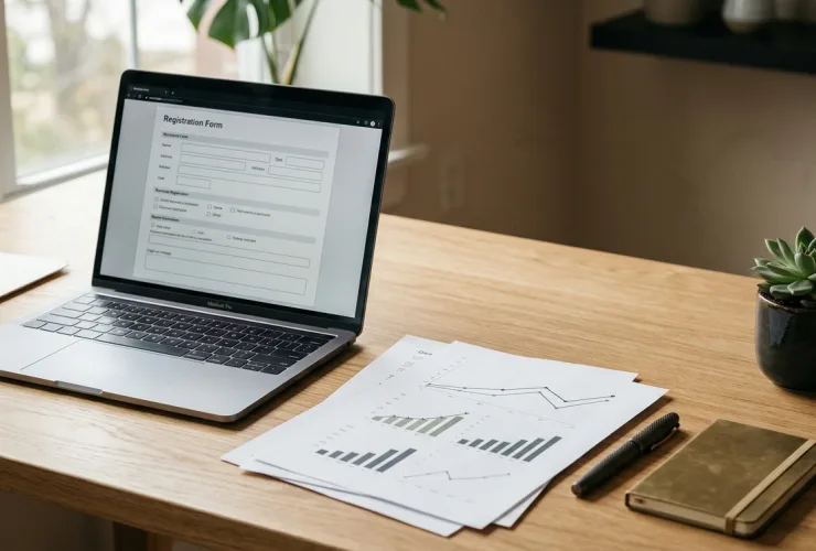 Notebook com formulário na tela, gráficos impressos e caderno sobre uma mesa de trabalho.