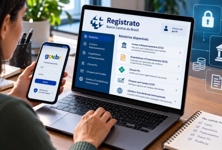 Consumidora consulta o Registrato do Banco Central no notebook e acessa a conta gov.br pelo celular para verificar informações financeiras e proteger seus dados.