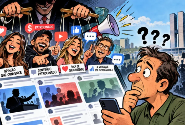 Ilustração editorial de um eleitor diante de um celular, cercado por influenciadores, símbolos políticos e mensagens digitais que representam a propaganda política disfarçada.
