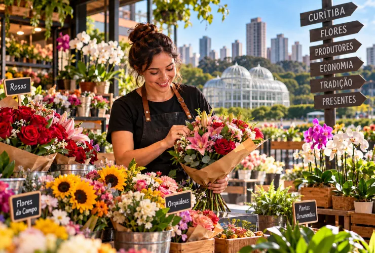 Flores e arranjos em floricultura de Curitiba representam o mercado de flores do Paraná.