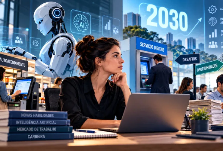 Profissões ameaçadas pela automação até 2030, com robôs, autoatendimento, inteligência artificial e trabalhadores em adaptação às novas tecnologias.