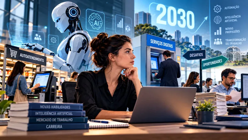 Profissões ameaçadas pela automação até 2030, com robôs, autoatendimento, inteligência artificial e trabalhadores em adaptação às novas tecnologias.