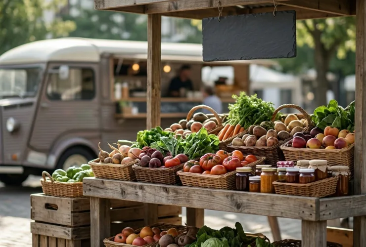 Banca de frutas, verduras e conservas com food truck ao fundo.
