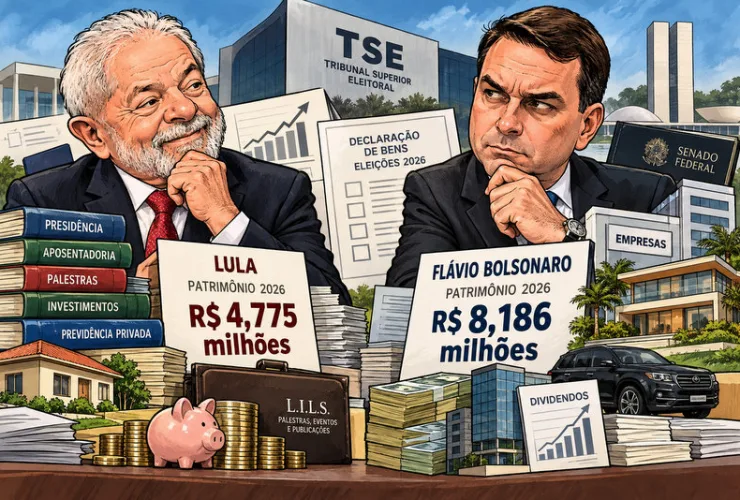 Ilustração editorial com Lula e Flávio Bolsonaro, documentos do TSE, gráficos de evolução patrimonial, imóveis, investimentos e referências a empresas.