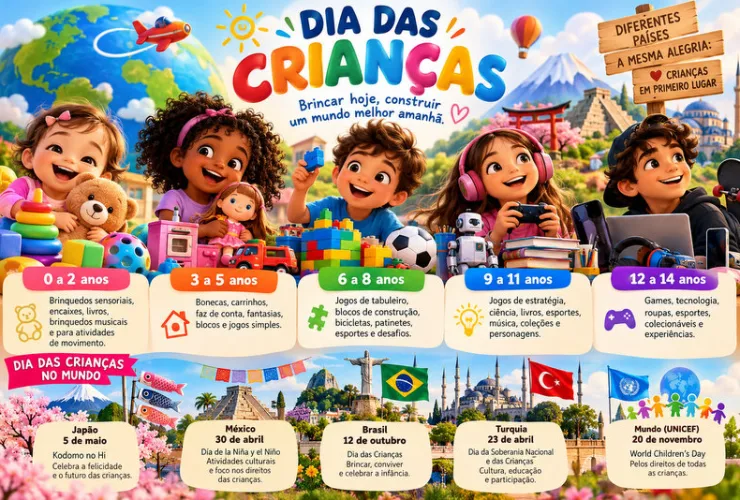 Crianças de diferentes idades brincam com brinquedos, jogos, livros e equipamentos esportivos em ilustração sobre o Dia das Crianças.