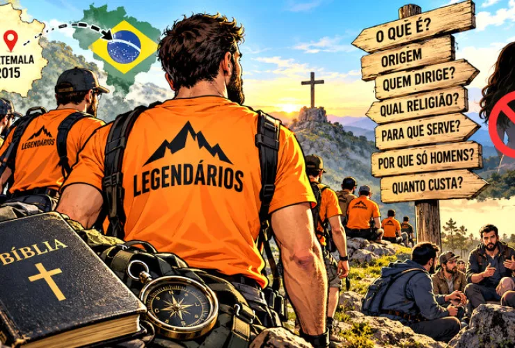 Grupo de homens com camisetas laranjas caminhando em uma montanha durante uma experiência ao ar livre inspirada no movimento cristão Legendários.